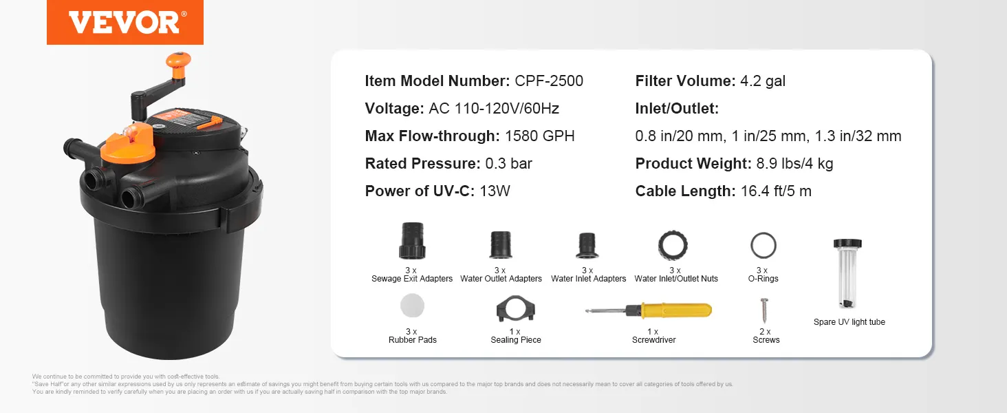VEVOR bio pressure pond filter cpf-2500 with 1580 gph max flow, 4.2 gal filter volume, and accessories shown.