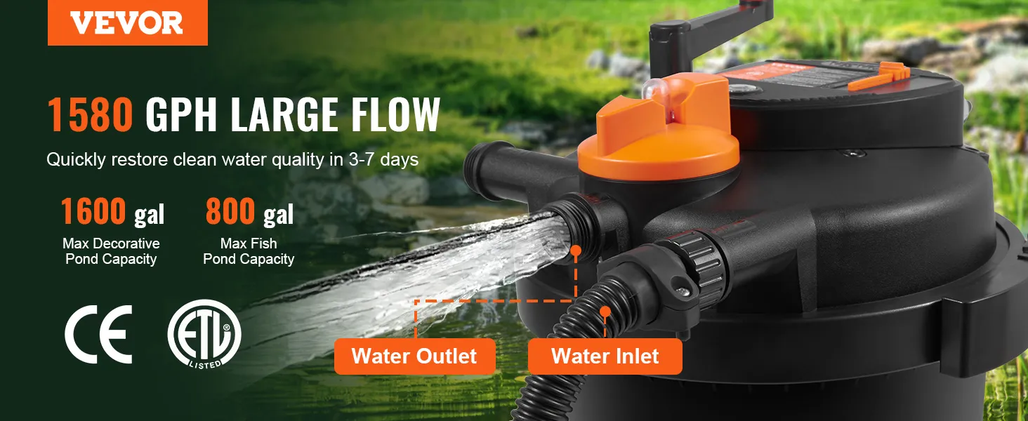 VEVOR bio pressure pond filter with 1580 gph flow, 1600 gal decorative, 800 gal fish pond capacity.