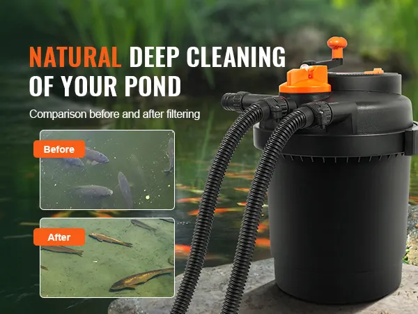 VEVOR bio pressure pond filter cleans pond water, showing clear water with fish after filtering compared to murky water before.
