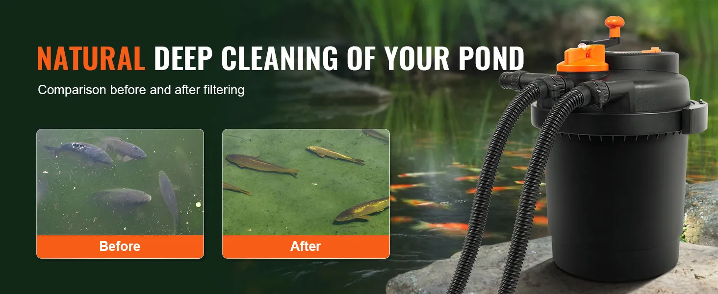VEVOR bio pressure pond filter cleans pond water, showing clear water with fish after filtering compared to murky water before.