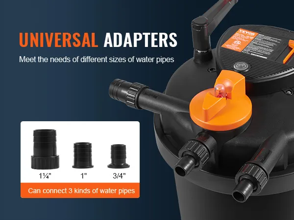 universal adapters for VEVOR bio pressure pond filter; fits 1¼", 1", and ¾" water pipes.