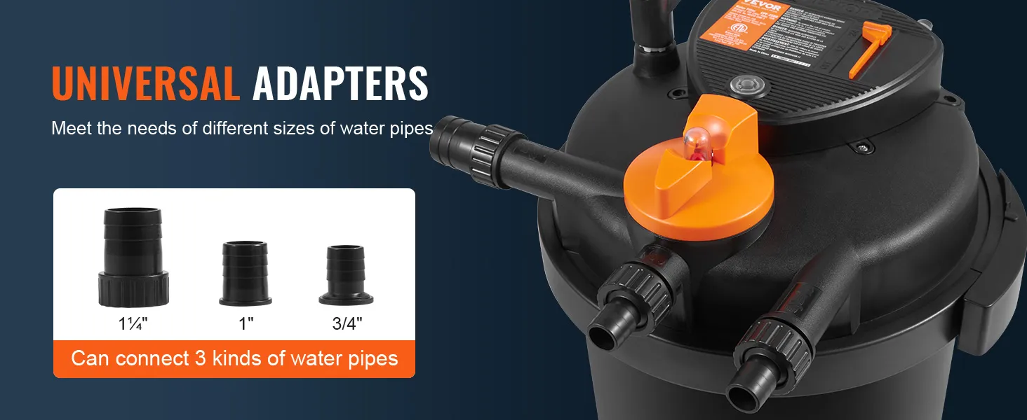 universal adapters for VEVOR bio pressure pond filter; fits 1¼", 1", and ¾" water pipes.