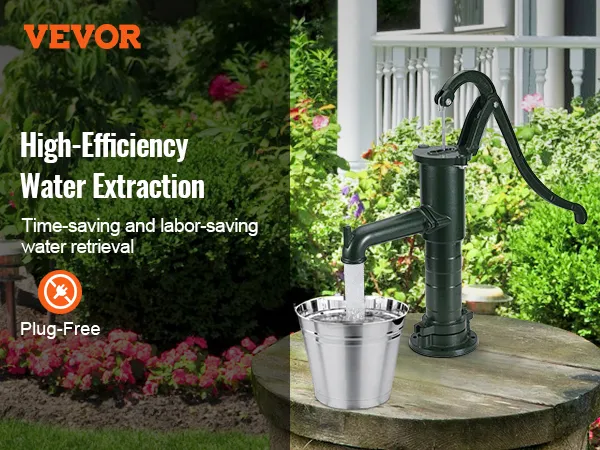 Antike Handwasserpumpe von VEVOR mit Metalleimer in einem lebendigen Garten. Ohne Stecker.