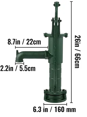 Groene VEVOR antieke handwaterpomp met afmetingen aangegeven in inches en centimeters.