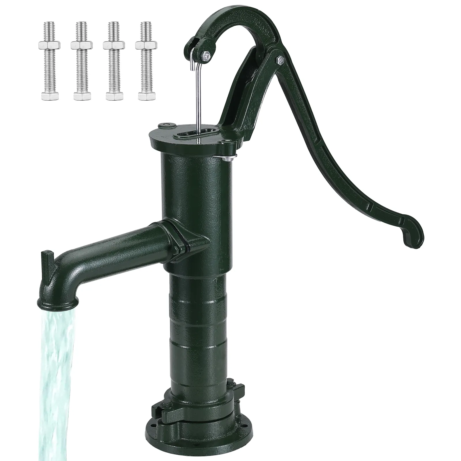 Antieke VEVOR handwaterpomp met stromend water en vier bevestigingsbouten.