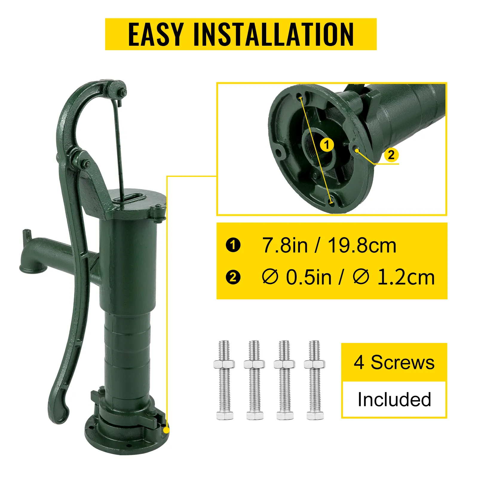 Antieke VEVOR handwaterpomp met eenvoudige installatie, 7,8 inch groot en inclusief 4 schroeven.