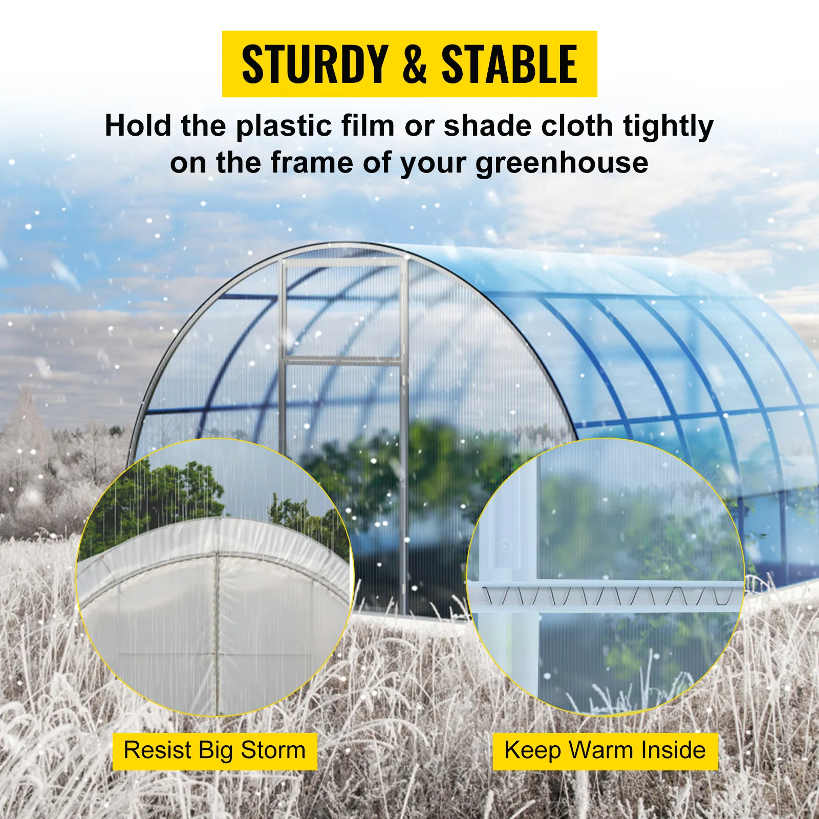VEVOR spring wire lock channel secures greenhouse film for stability and insulation.