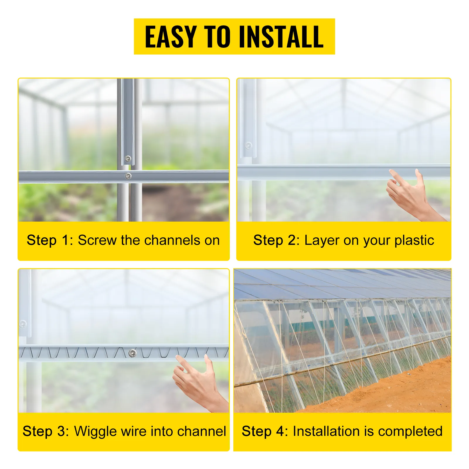 easy steps for installing VEVOR greenhouse spring wire bundle: screw channels, layer plastic, wiggle wire, complete installation.