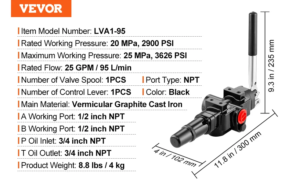 VEVOR hydraulic valve lva1-95, 1/2 inch npt, 20 mpa, 25 gpm, black, 1 spool, 1 lever
