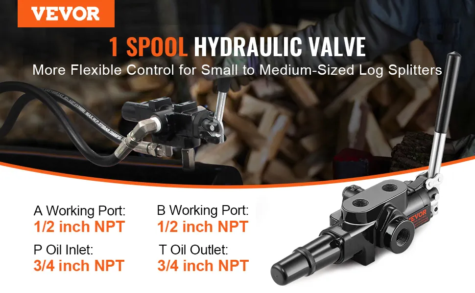 VEVOR hydraulic valve for log splitters with 1/2 inch npt working ports and 3/4 inch npt oil ports.