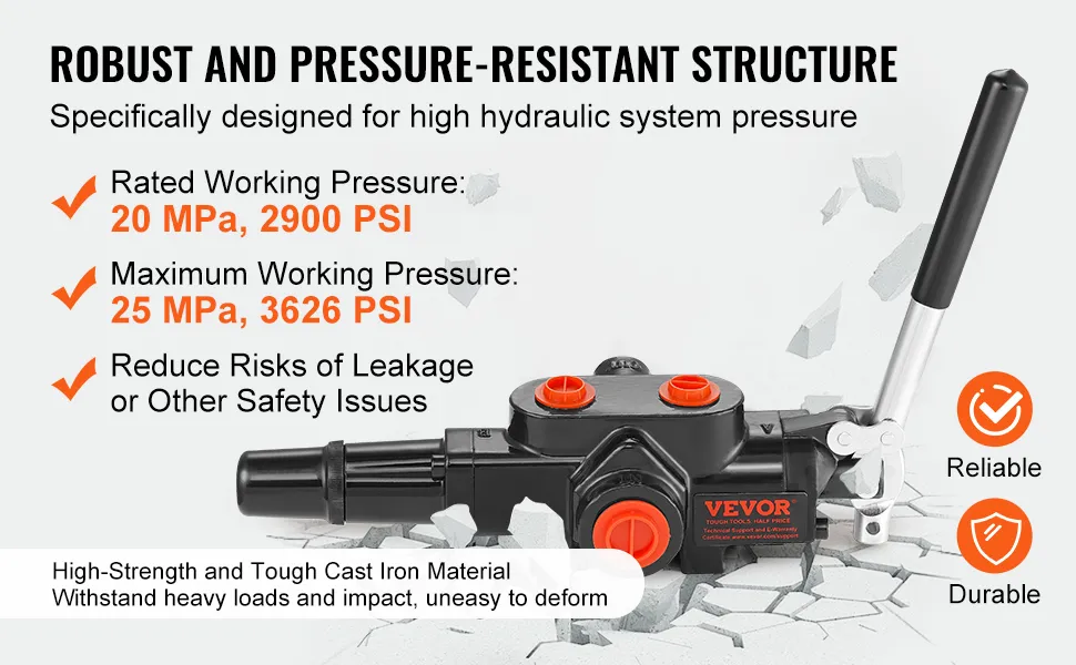 VEVOR hydraulic valve: robust, pressure-resistant (20 mpa/2900 psi), high-strength cast iron, reliable, durable.