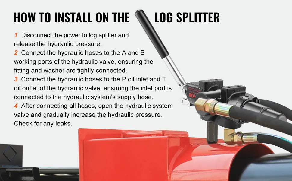 how to install VEVOR hydraulic valve on a log splitter with step-by-step instructions and image.