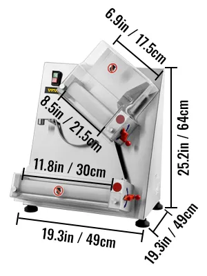 Dimensiones del rodillo para masa de pizza VEVOR: 19,3 x 19,3 x 25,2 pulgadas, ancho del rodillo 11,8 pulgadas