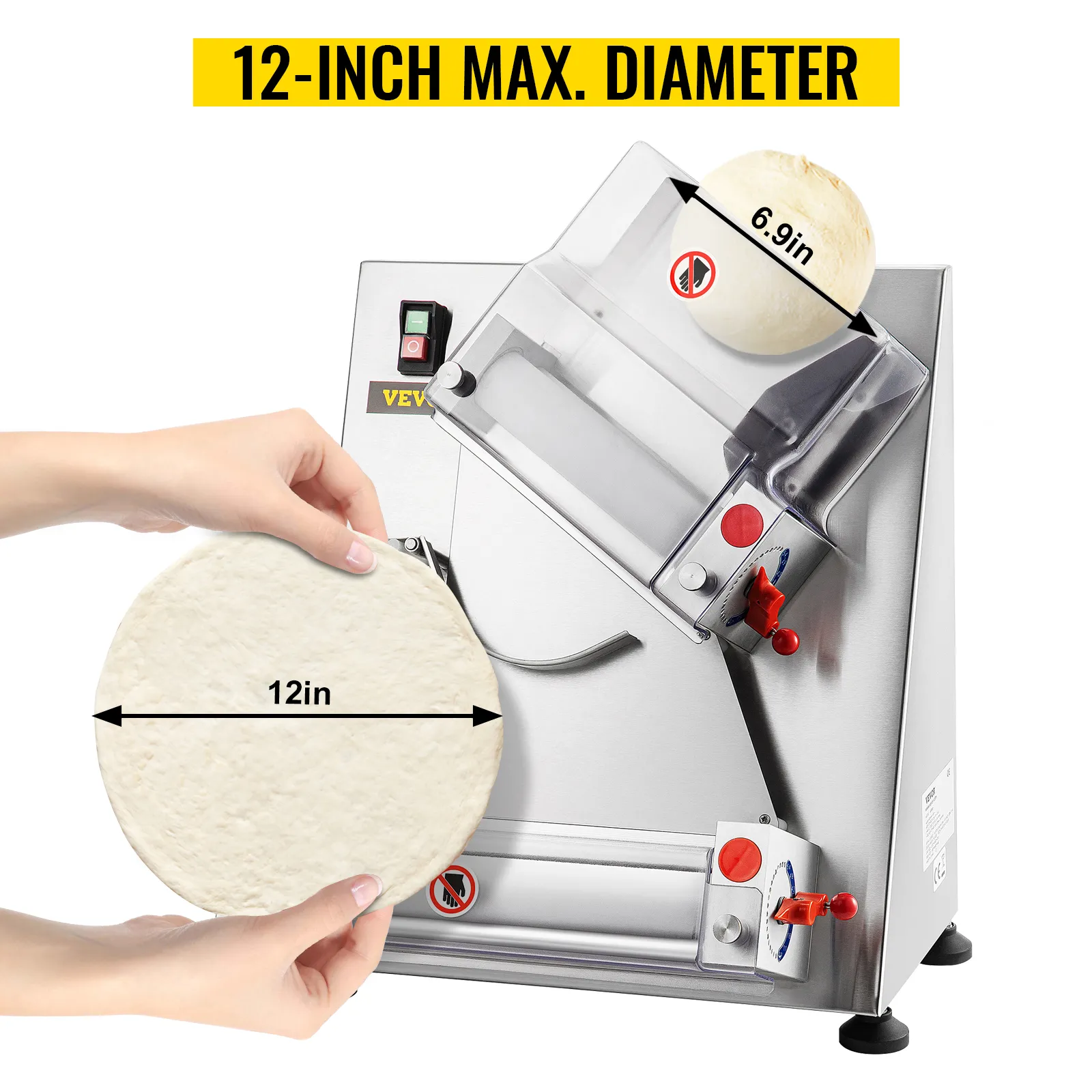 Rodillo para masa de pizza VEVOR con especificaciones de rollos de masa de 12 y 6,9 pulgadas.