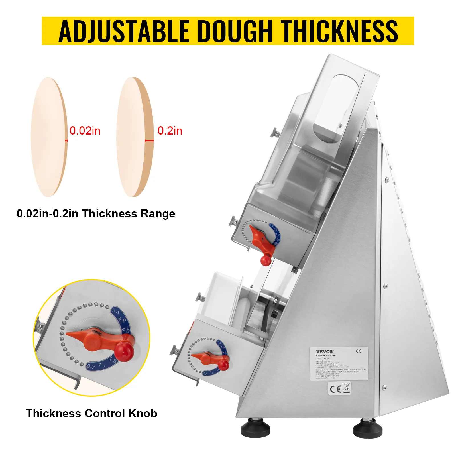 Rodillo para masa de pizza VEVOR con grosor ajustable de 0,02 pulgadas a 0,2 pulgadas.
