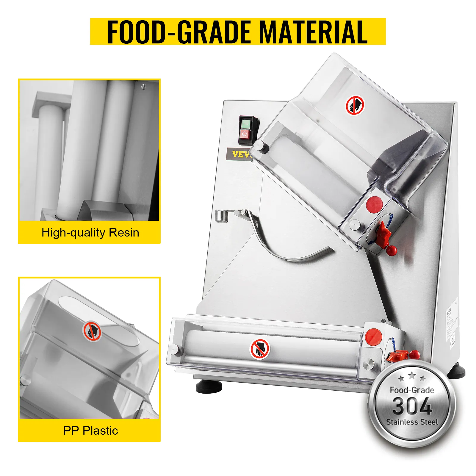 Rodillo para masa de pizza VEVOR fabricado con acero inoxidable de grado alimenticio, resina y plástico pp.