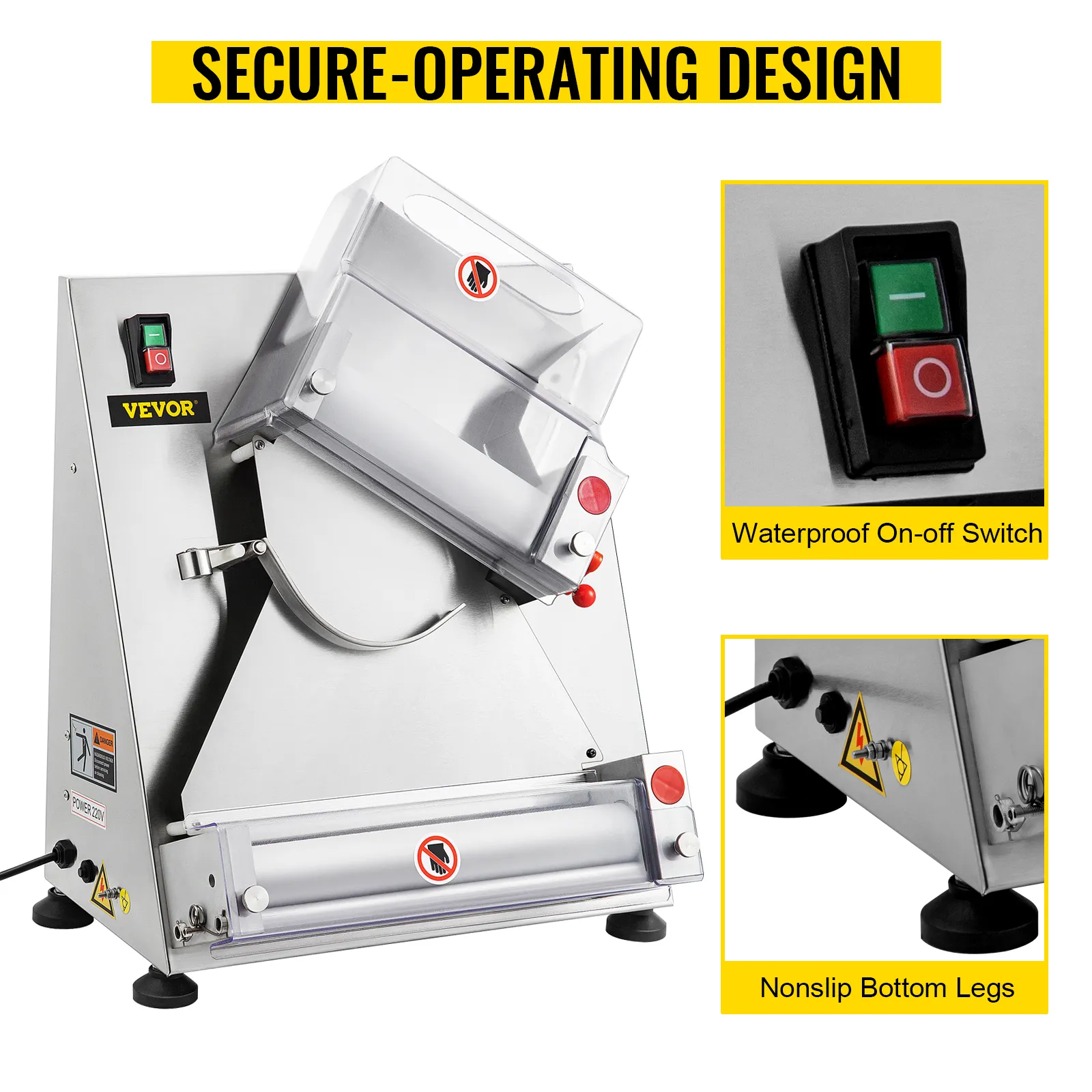 Rodillo para masa de pizza VEVOR con diseño de funcionamiento seguro, interruptor a prueba de agua y patas antideslizantes.
