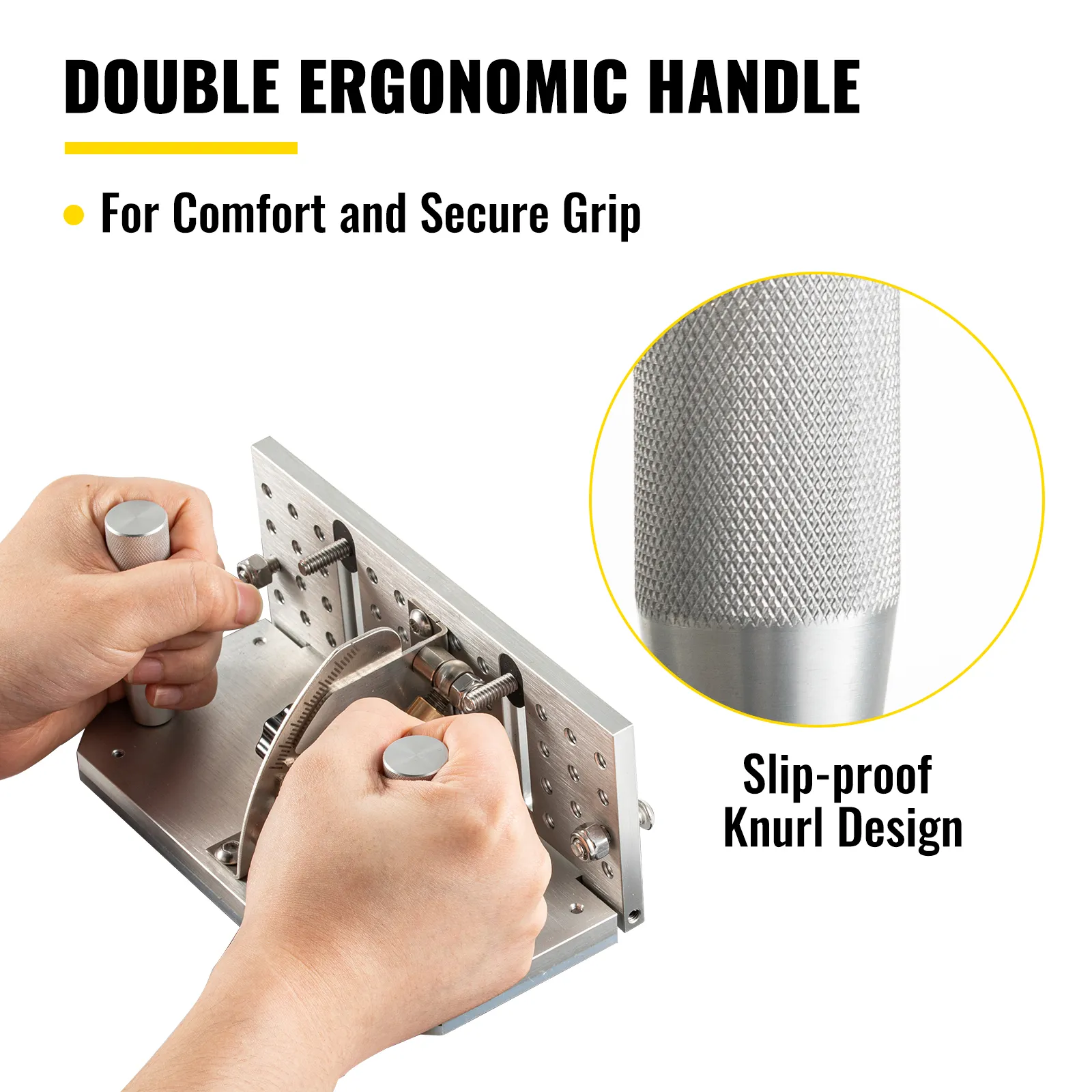 VEVOR bandslijpmachine met dubbele ergonomische handgreep en antislip gekarteld ontwerp voor grip.