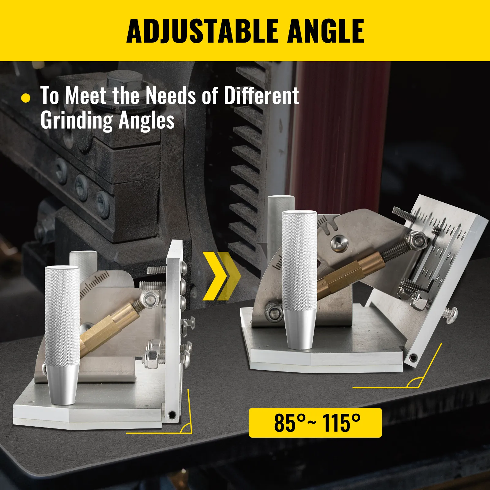 VEVOR bandslijpmal met instelbare hoek van 85 tot 115 graden voor het slijpen.
