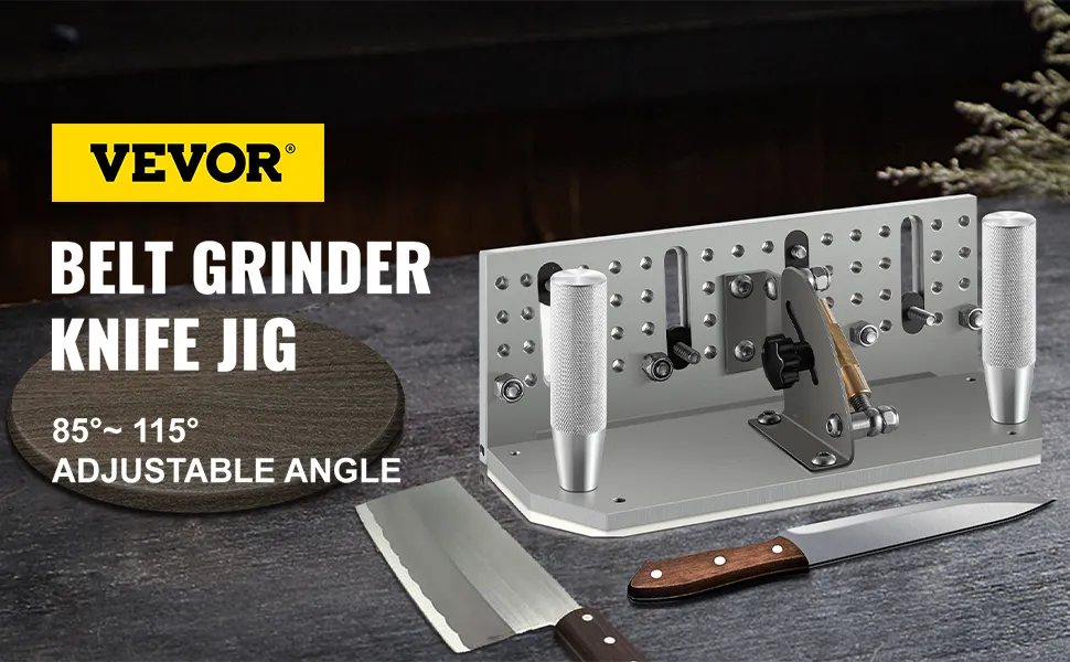 VEVOR-Bandschleifer-Messervorrichtung mit einstellbarem Winkel und Messern auf einem Tisch.