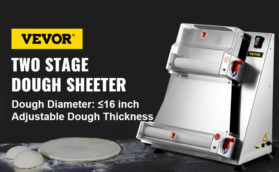 Laminadora de masa de pizza VEVOR con laminadora de dos etapas, grosor ajustable y capacidad de 16 pulgadas.
