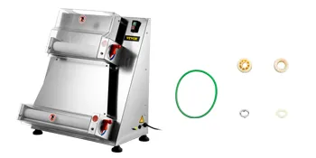 Laminador de masa de pizza VEVOR con cuerpo de acero inoxidable y varios componentes de la máquina.