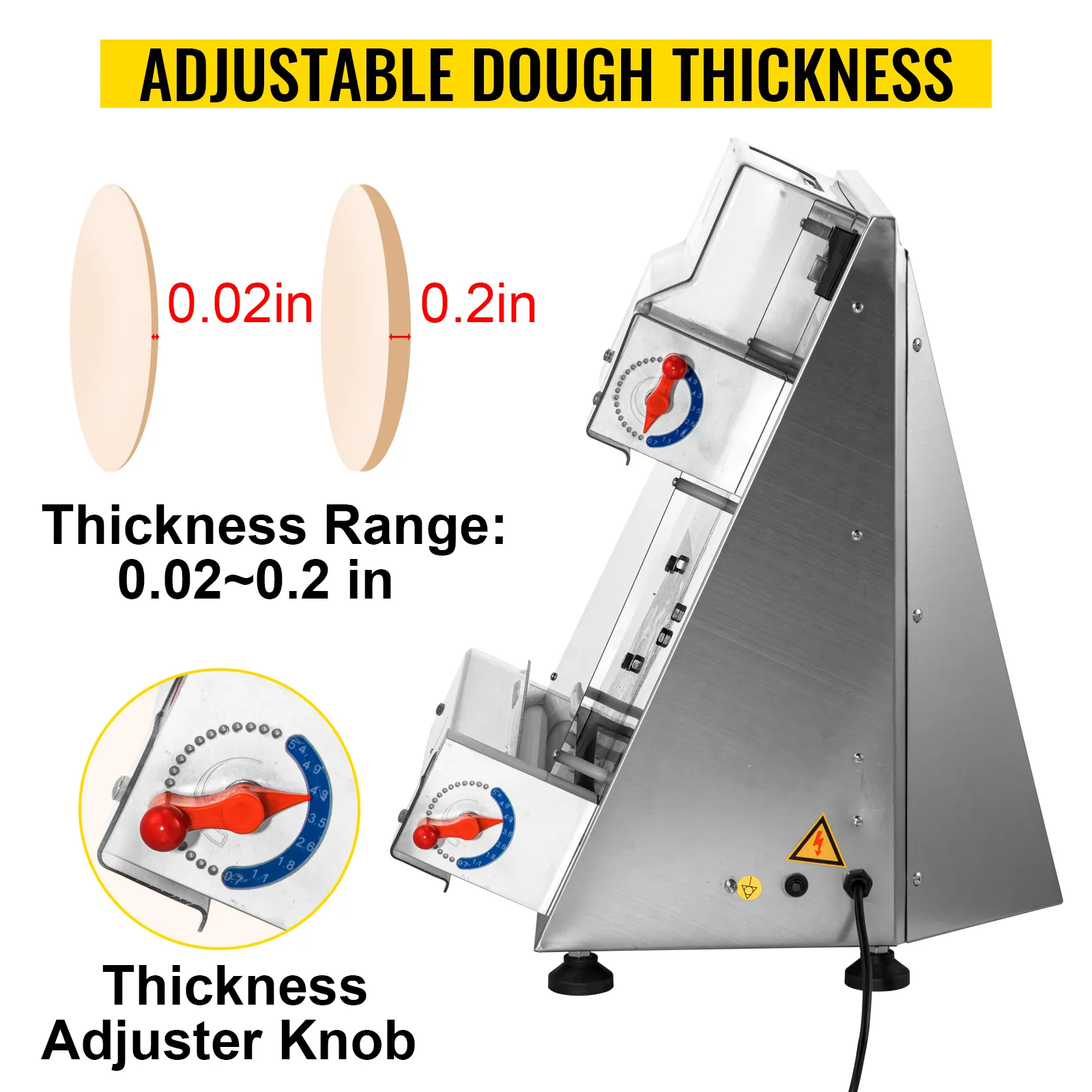 Rodillo para masa de pizza VEVOR con perilla de grosor ajustable que varía de 0,02 a 0,2 pulgadas.