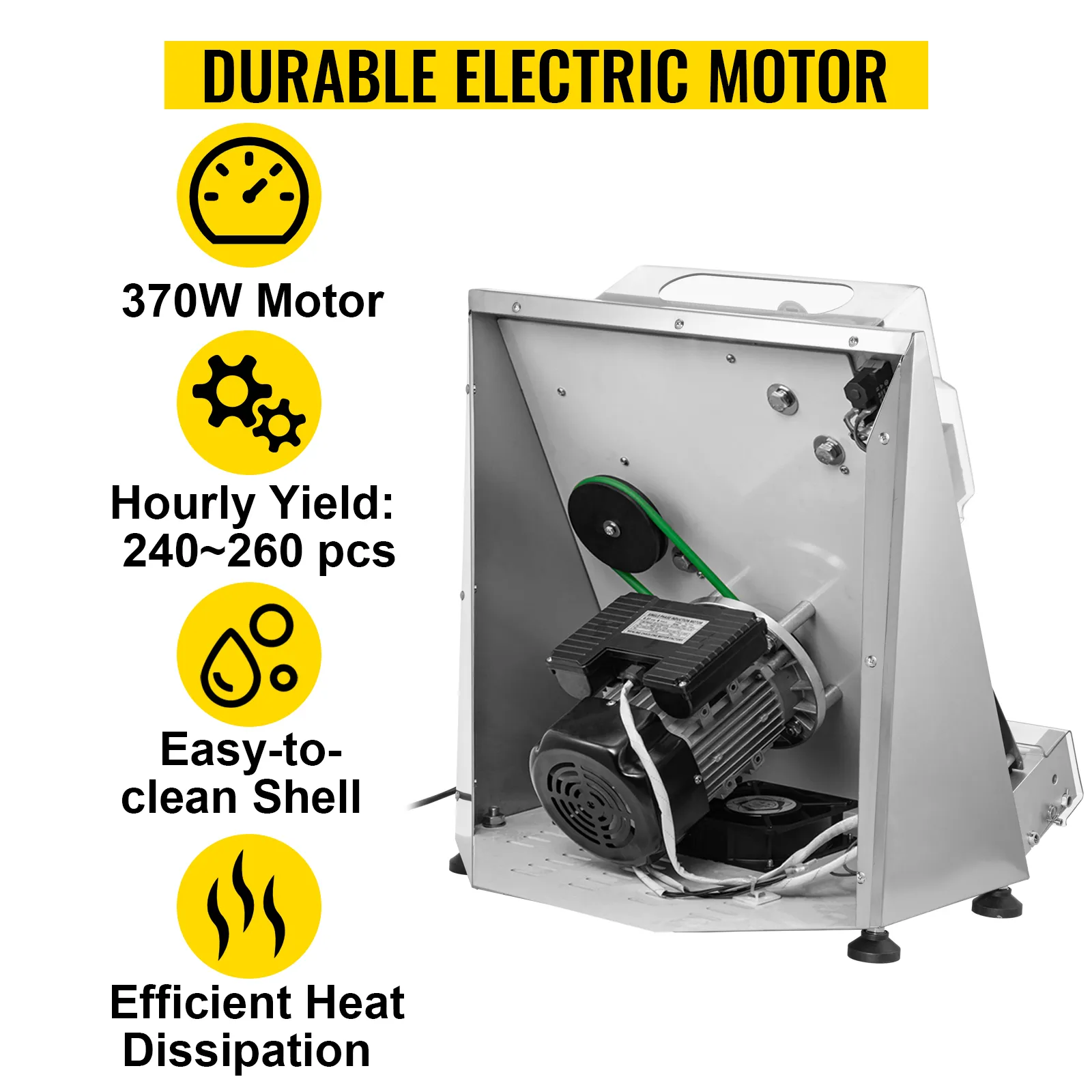 Rodillo para masa de pizza VEVOR con motor de 370 W, rendimiento de 240 a 260 piezas por hora, carcasa de fácil limpieza.