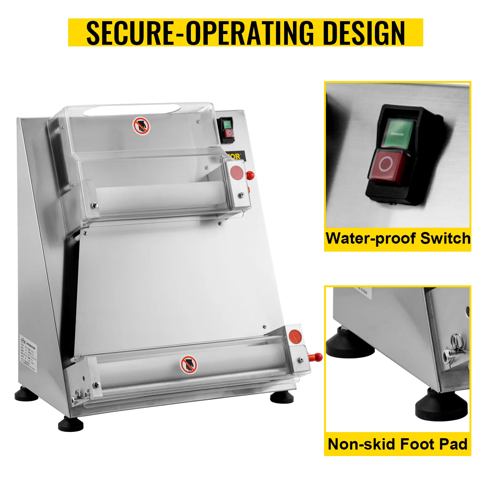 Rodillo para masa de pizza VEVOR con interruptor a prueba de agua y almohadilla antideslizante. Diseño seguro.