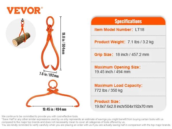 VEVOR log skidding tongs, 19.45 in opening, 19.8 in height, max load capacity 772 lbs.