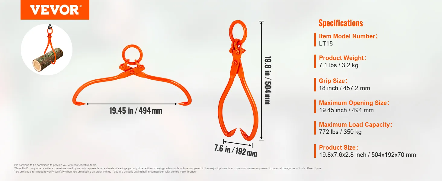 VEVOR log skidding tongs, 19.45 in opening, 19.8 in height, max load capacity 772 lbs.