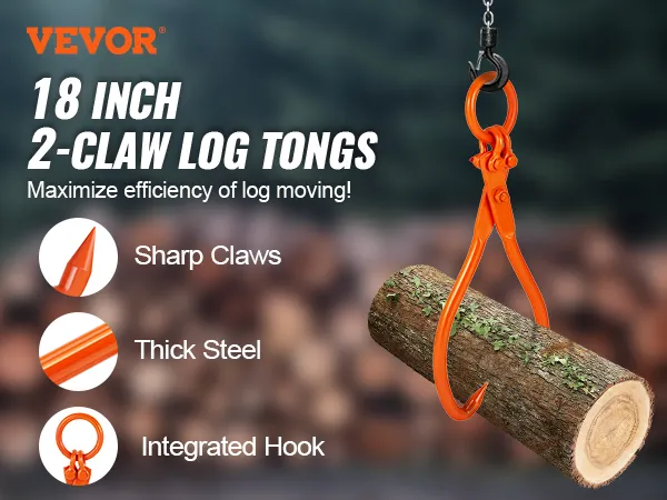 VEVOR log skidding tongs with 18-inch 2-claw design, sharp claws, thick steel, integrated hook, and log pile.