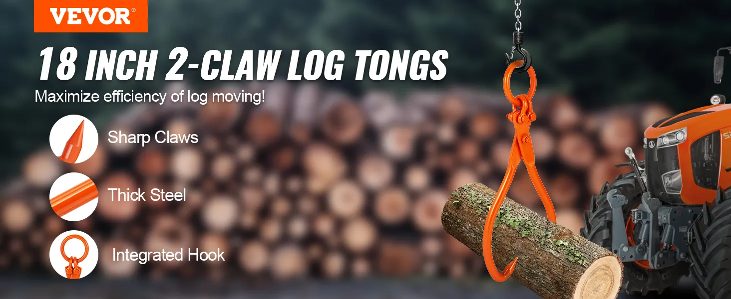 VEVOR log skidding tongs with 18-inch 2-claw design, sharp claws, thick steel, integrated hook, and log pile.