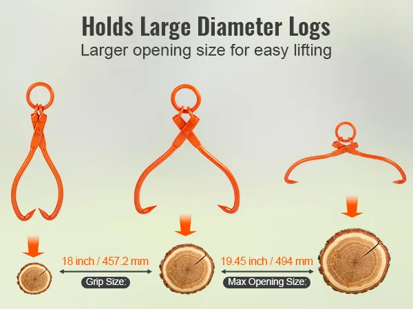 VEVOR log skidding tongs with large opening size for lifting logs up to 19.45 inches.