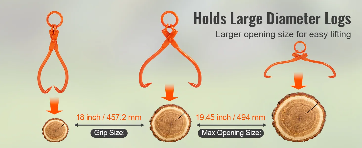 VEVOR log skidding tongs with large opening size for lifting logs up to 19.45 inches.
