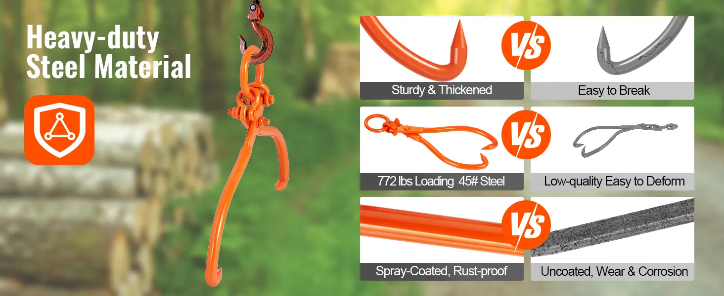 heavy-duty steel VEVOR log skidding tongs with 772 lbs loading capacity, sturdy, and rustproof.