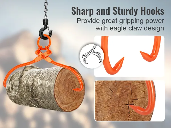 VEVOR log skidding tongs with eagle claw hooks gripping a log, showcasing sharp and sturdy design.