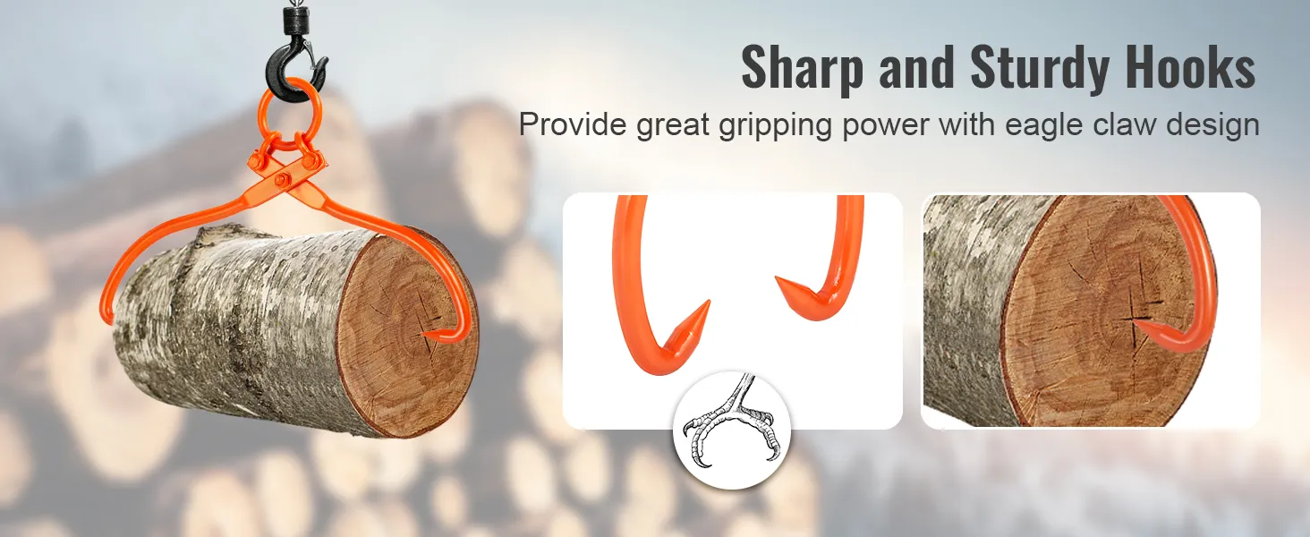 VEVOR log skidding tongs with eagle claw hooks gripping a log, showcasing sharp and sturdy design.