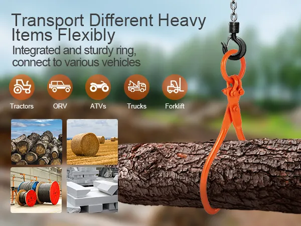 transport heavy items with VEVOR log skidding tongs using tractors, orv, atvs, trucks, forklifts.