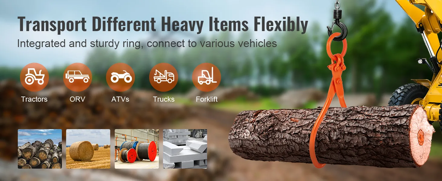 transport heavy items with VEVOR log skidding tongs using tractors, orv, atvs, trucks, forklifts.
