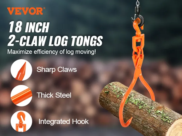VEVOR 18 Zoll 2-Klauen-Holzzange mit scharfen Krallen, dickem Stahl, integriertem Haken und einem orangefarbenen Traktor