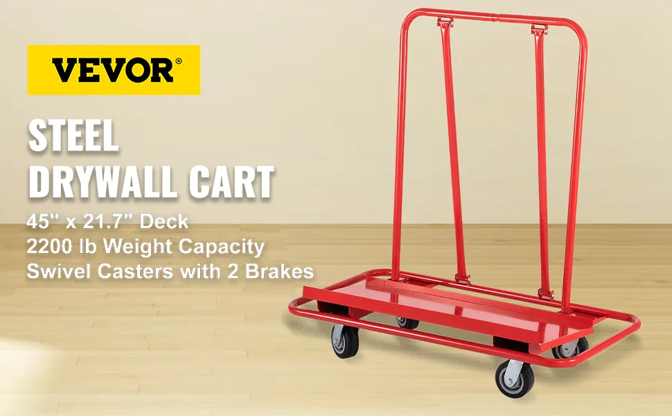 VEVOR drywall cart with 45" x 21.7" deck, 2200 lb weight capacity, and swivel casters with 2 brakes.