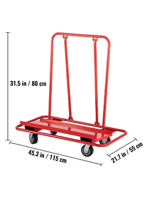 red VEVOR drywall cart with measurements: 31.5 in/80 cm height, 45.3 in/115 cm length, 21.7 in/55 cm width.