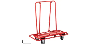 red VEVOR drywall cart with sturdy steel frame and four caster wheels, sits next to an l-shaped tool.