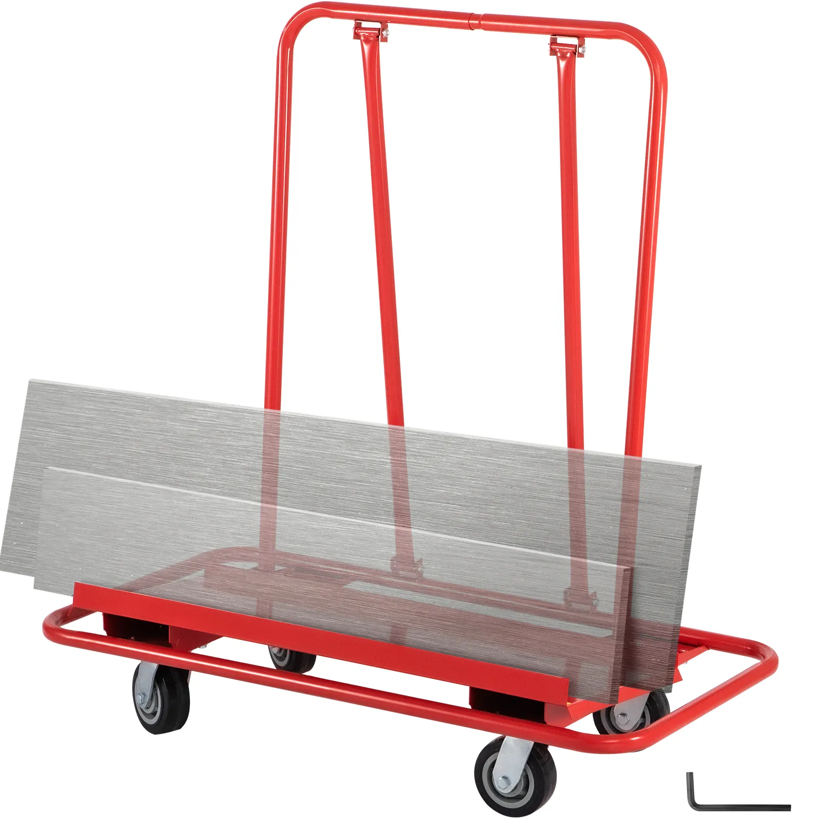 red VEVOR drywall cart with grey panels on black caster wheels.