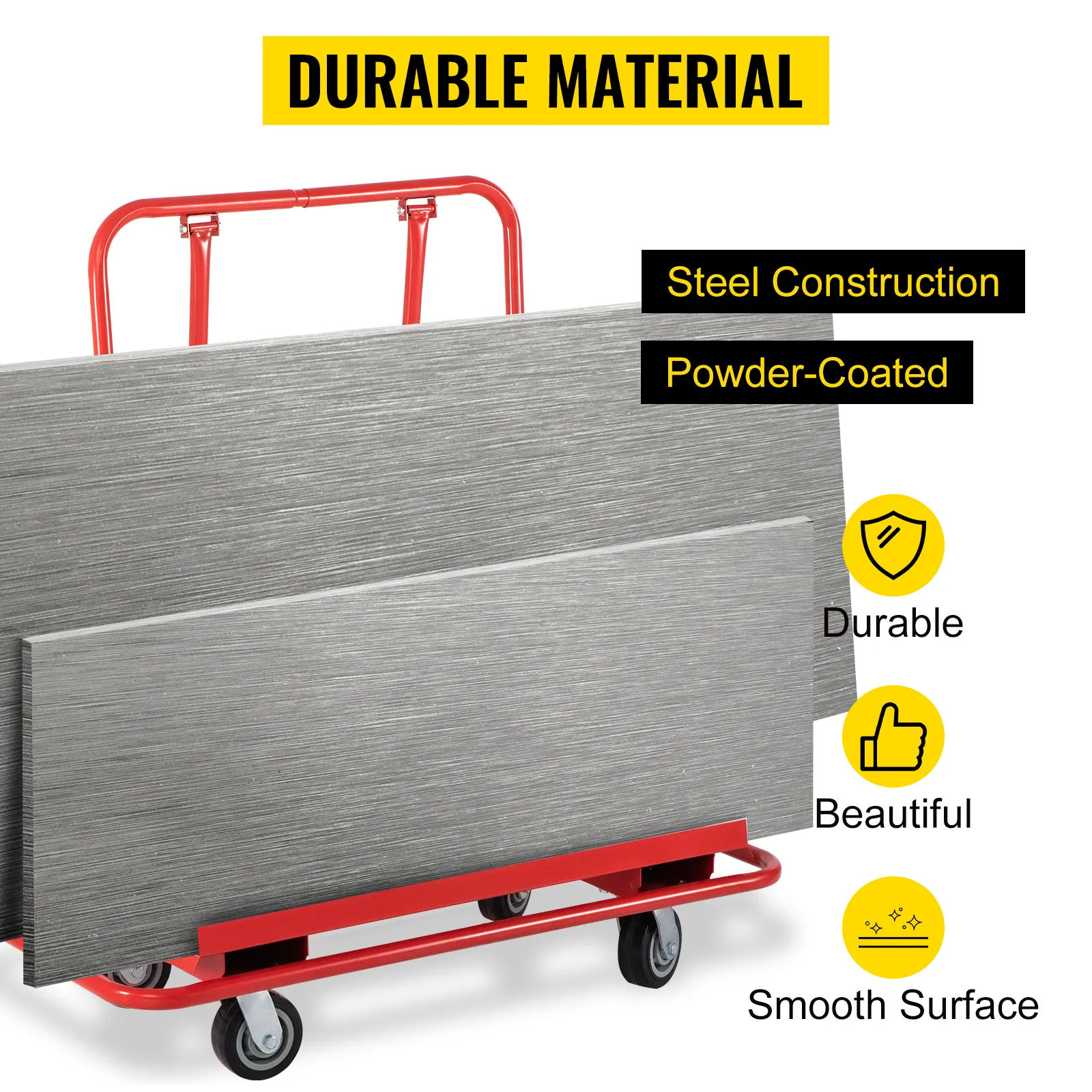 VEVOR drywall cart with steel construction, powder-coated, and smooth surface for durability and beauty.