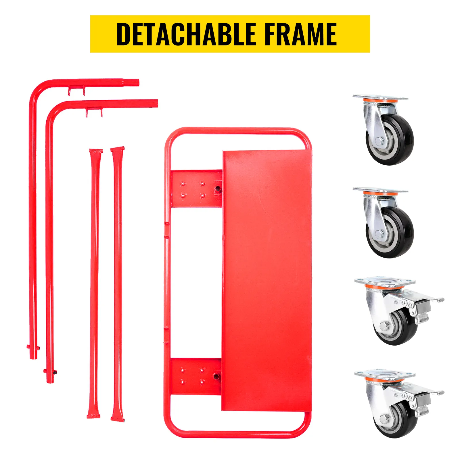 red VEVOR drywall cart with detachable frame and four swivel casters against a white background.