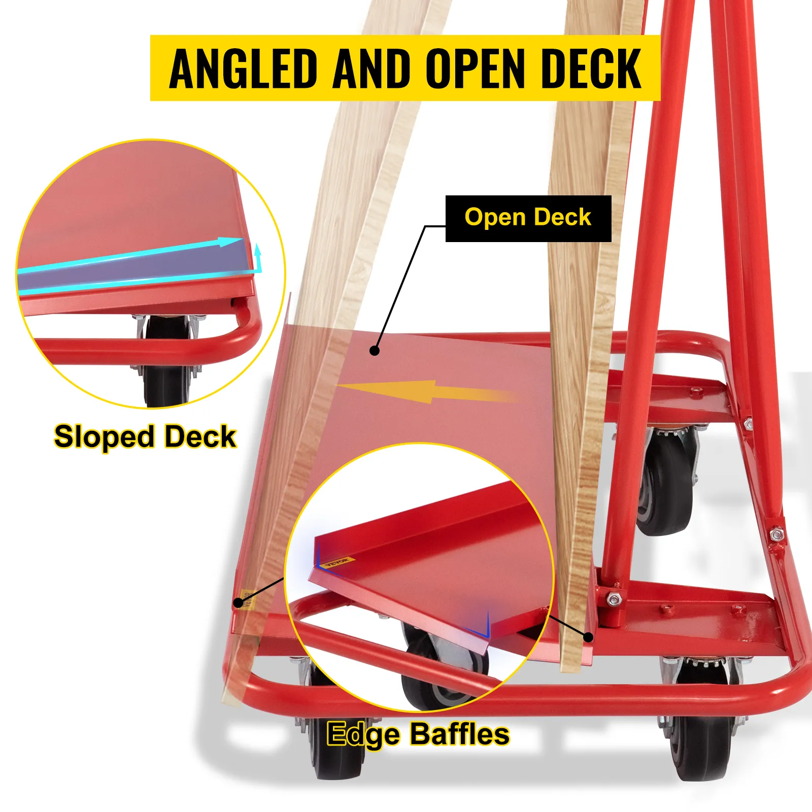 VEVOR drywall cart with angled open deck, sloped deck, and edge baffles for secure transport.