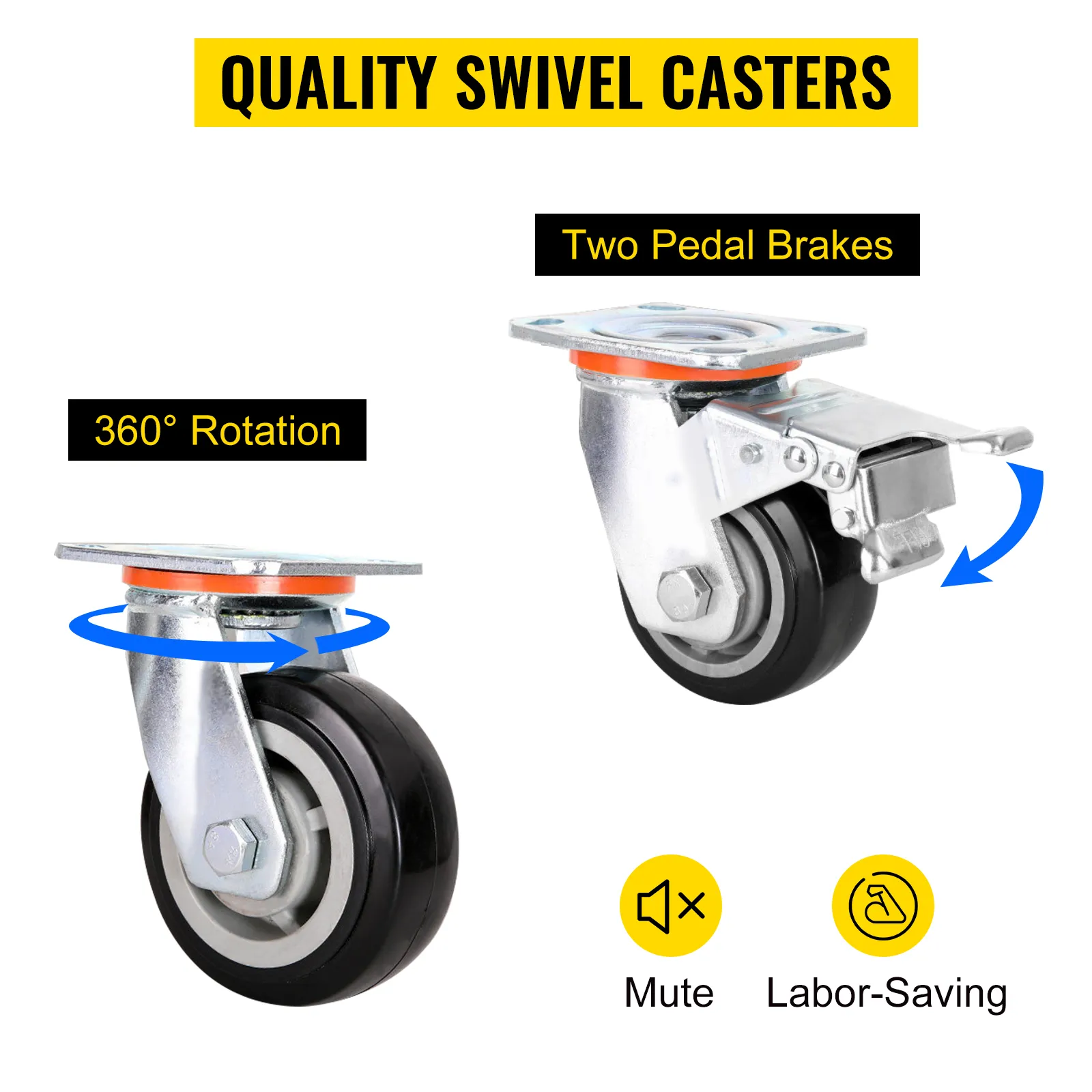 quality swivel casters with 360° rotation and two pedal brakes for VEVOR drywall cart. mute, labor-saving.