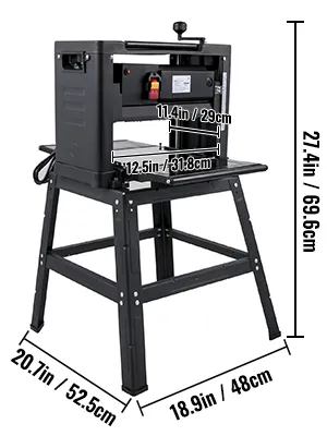 Cepilladora de espesor VEVOR sobre un soporte negro resistente con dimensiones etiquetadas.